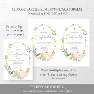Confirmation Invitation Template, Fall Confirmation Invite, Pumpkin Greenery Confirmation Invitation Printable, 5x7 INSTANT DOWNLOAD PG100