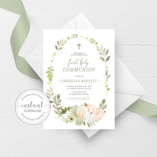 Holy Communion Invitation Template, Fall Communion Invite, Pumpkin Greenery First Communion Invitation Printable, 5x7 INSTANT DOWNLOAD PG100
