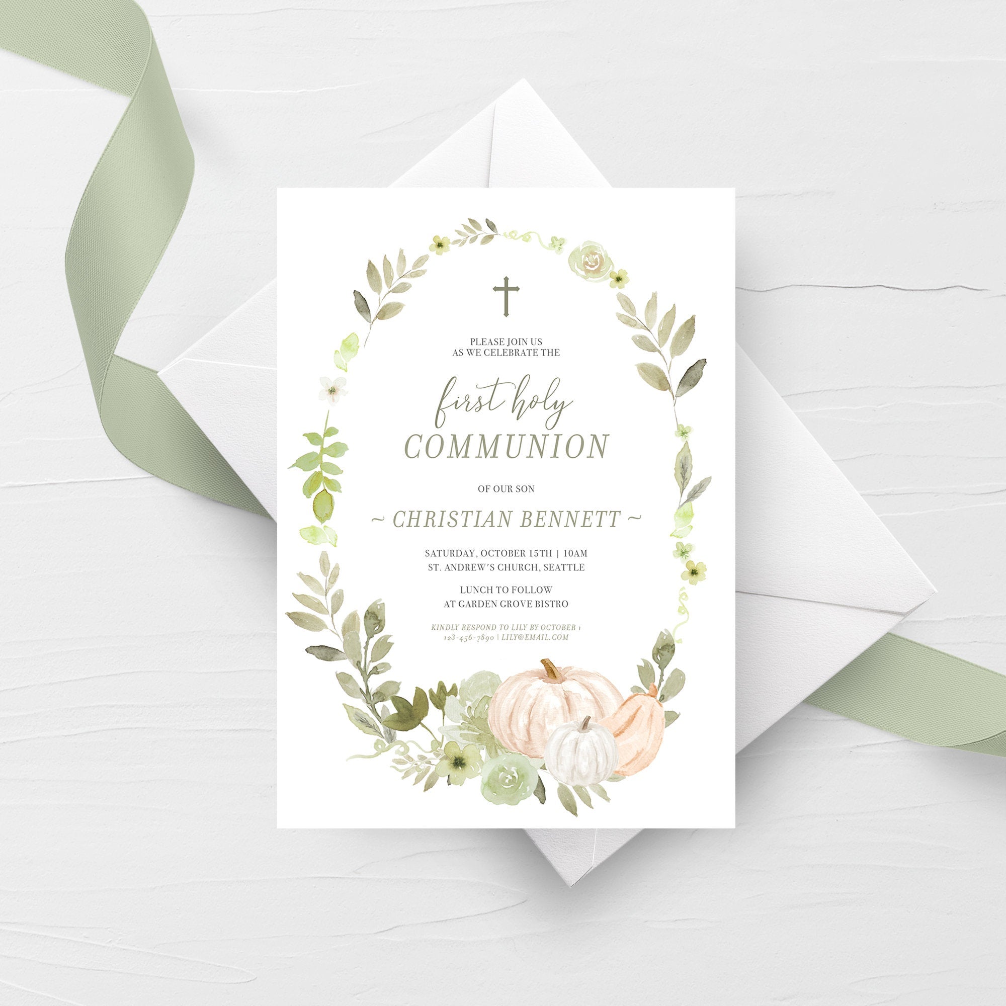 first holy communion invitation card editable Fall Greenery Holy Communion Invitation Template, Printable Pumpkin In