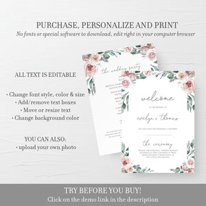 Boho Rose Wedding Program Templates, Printable Wedding Ceremony Program Template, Order of Service, 5x7 Editable INSTANT DOWNLOAD - BR100