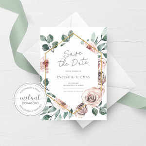 Boho Rose Save The Date Card Template, Editable Wedding Engagement Announcement Ideas, Printable Save Our Date Invite, 5x7 - BR100