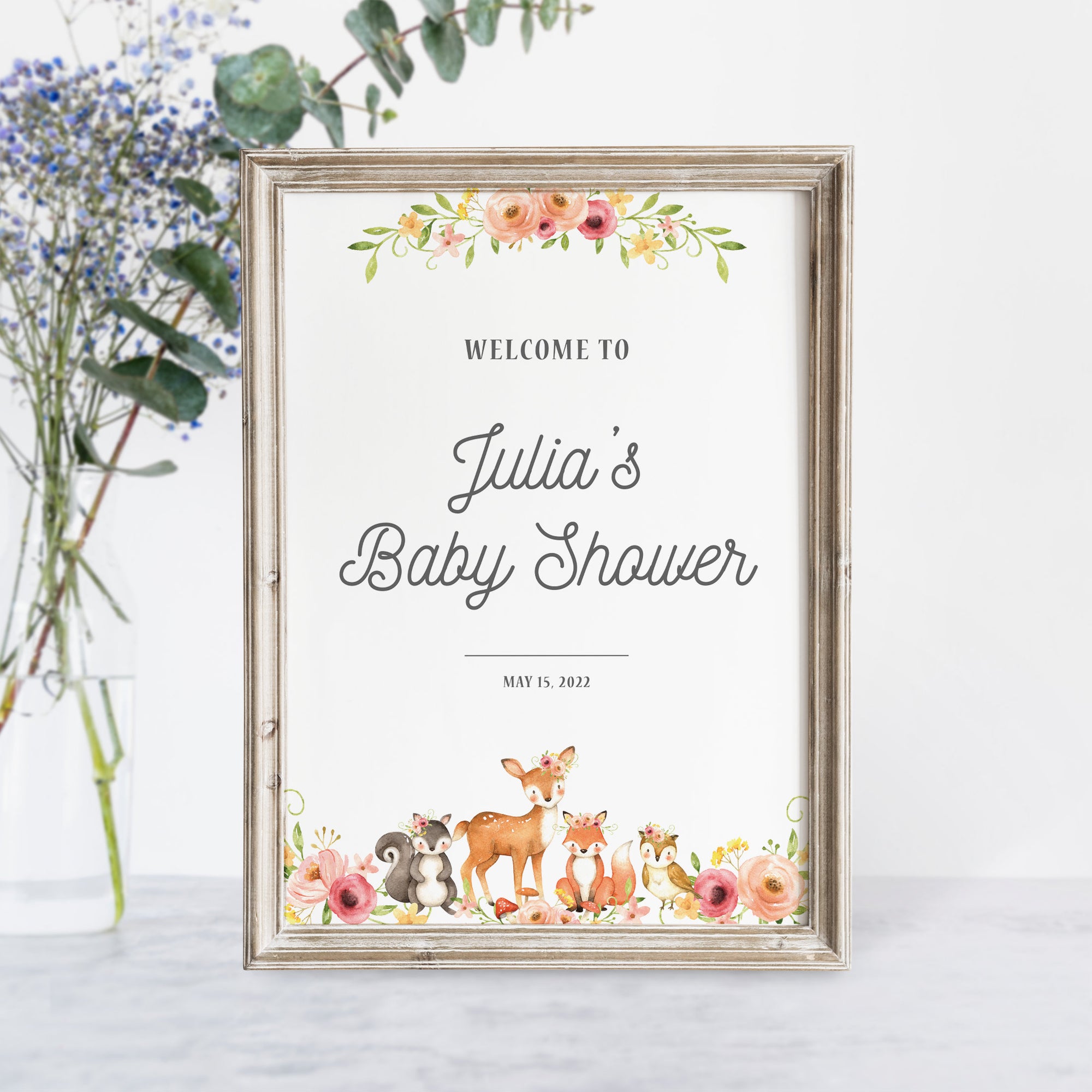 Woodland Baby Shower Welcome Sign Printable, Girl Woodland Animals Baby Shower Sign, Woodland Baby Shower Decorations, INSTANT DOWNLOAD W100