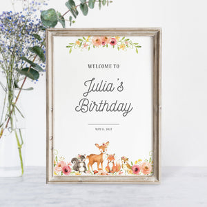 Woodland Birthday Welcome Sign Printable, Girl Woodland Animals Birthday Party Sign, Woodland Party Decorations, INSTANT DOWNLOAD W100