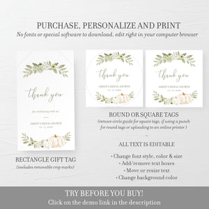 Printable Fall Bridal Shower Favor Tags, Greenery Pumpkin Bridal Shower, Fall in Love Thank You Tag Template, INSTANT DOWNLOAD PG100