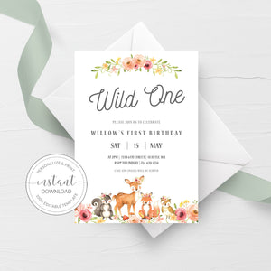 Woodland 1st Birthday Invite Template, Wild One Birthday Girl Invitation, Printable Woodland Animals Invitation, INSTANT DOWNLOAD W100