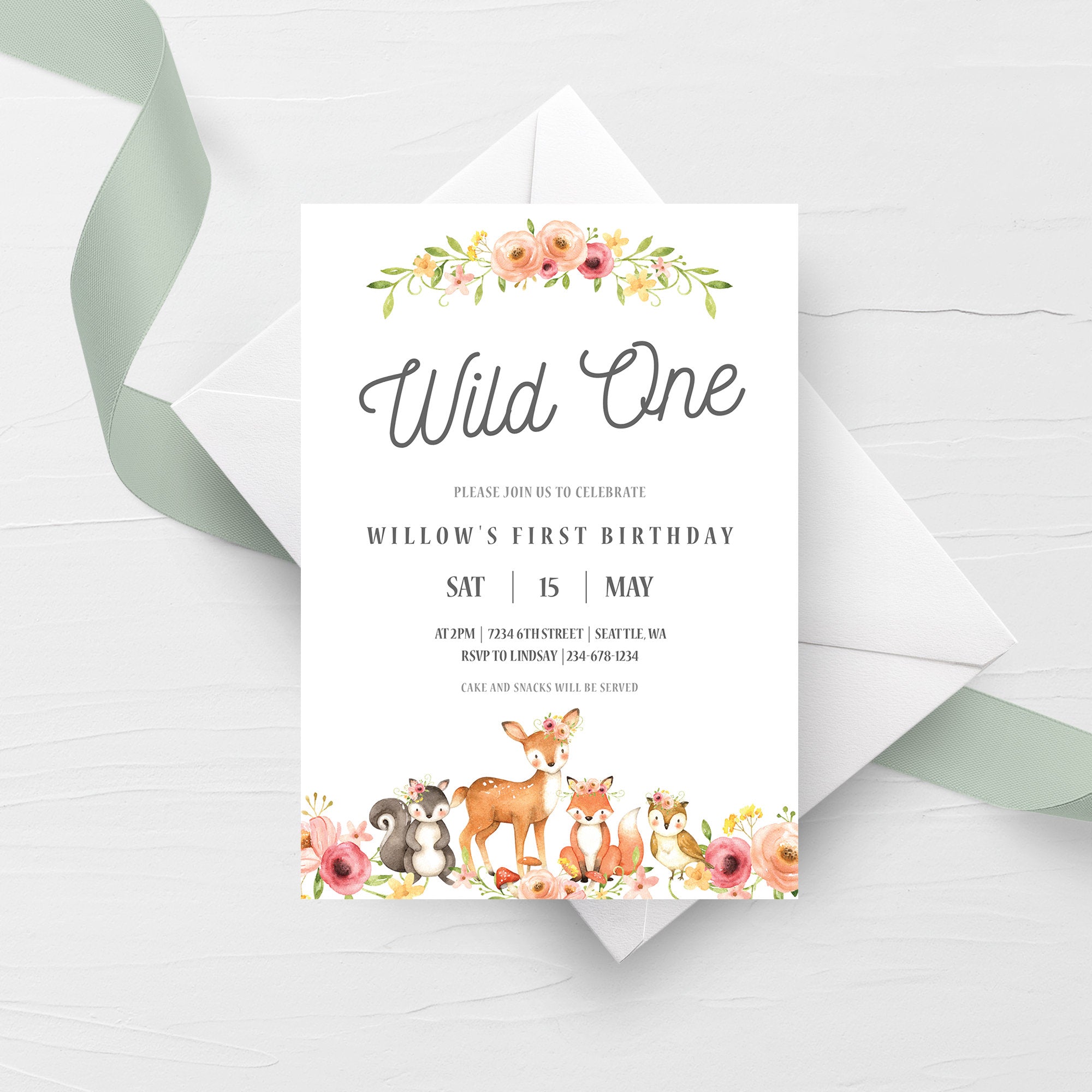 Woodland 1st Birthday Invite Template, Wild One Birthday Girl Invitation, Printable Woodland Animals Invitation, INSTANT DOWNLOAD W100