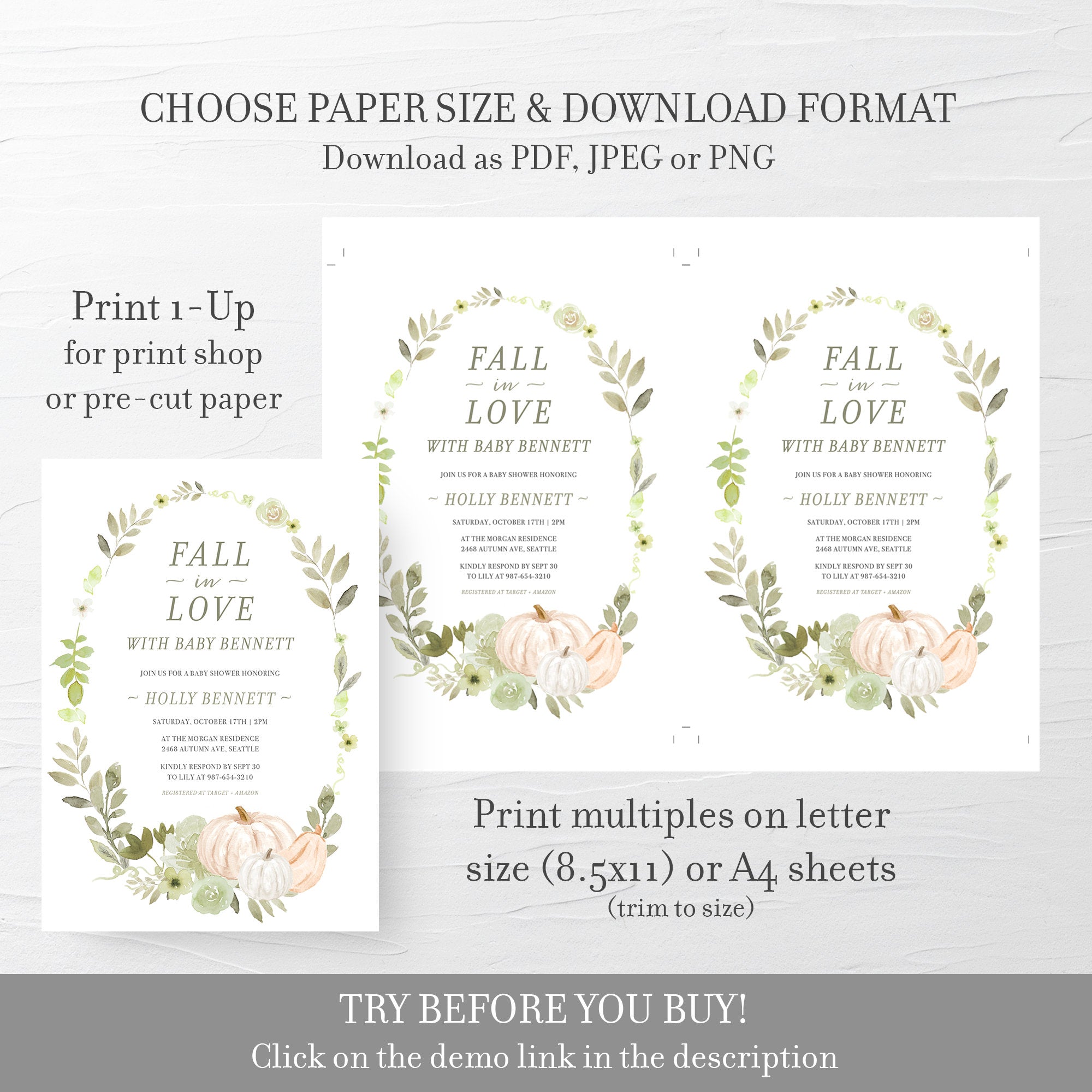 Fall Baby Shower Invite Template, Fall In Love Baby Shower Invitation, Printable Pumpkin Fall Baby Shower Invitation INSTANT DOWNLOAD PG100