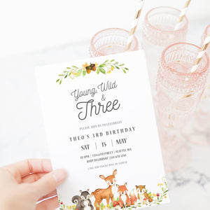 Woodland 3rd Birthday Invite Template, Young Wild and Three Birthday Boy Invitation Printable, Woodland Animals, INSTANT DOWNLOAD W100