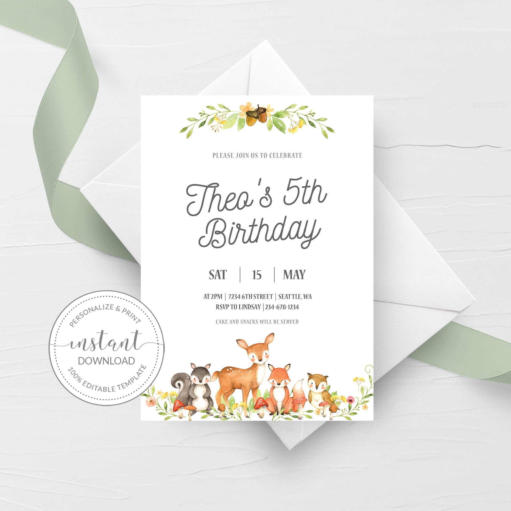Woodland Birthday Invitation Template, Woodland Birthday Invitation Printable, Woodland Animals Invite, Woodland Party INSTANT DOWNLOAD W100