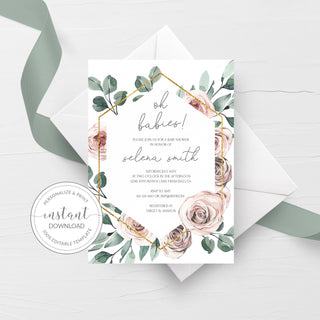 Twin Baby Shower Invitation Girl Instant Download, Printable Twin Girls Baby Shower Invite, Boho Rose Baby Shower Template, DIGITAL - BR100