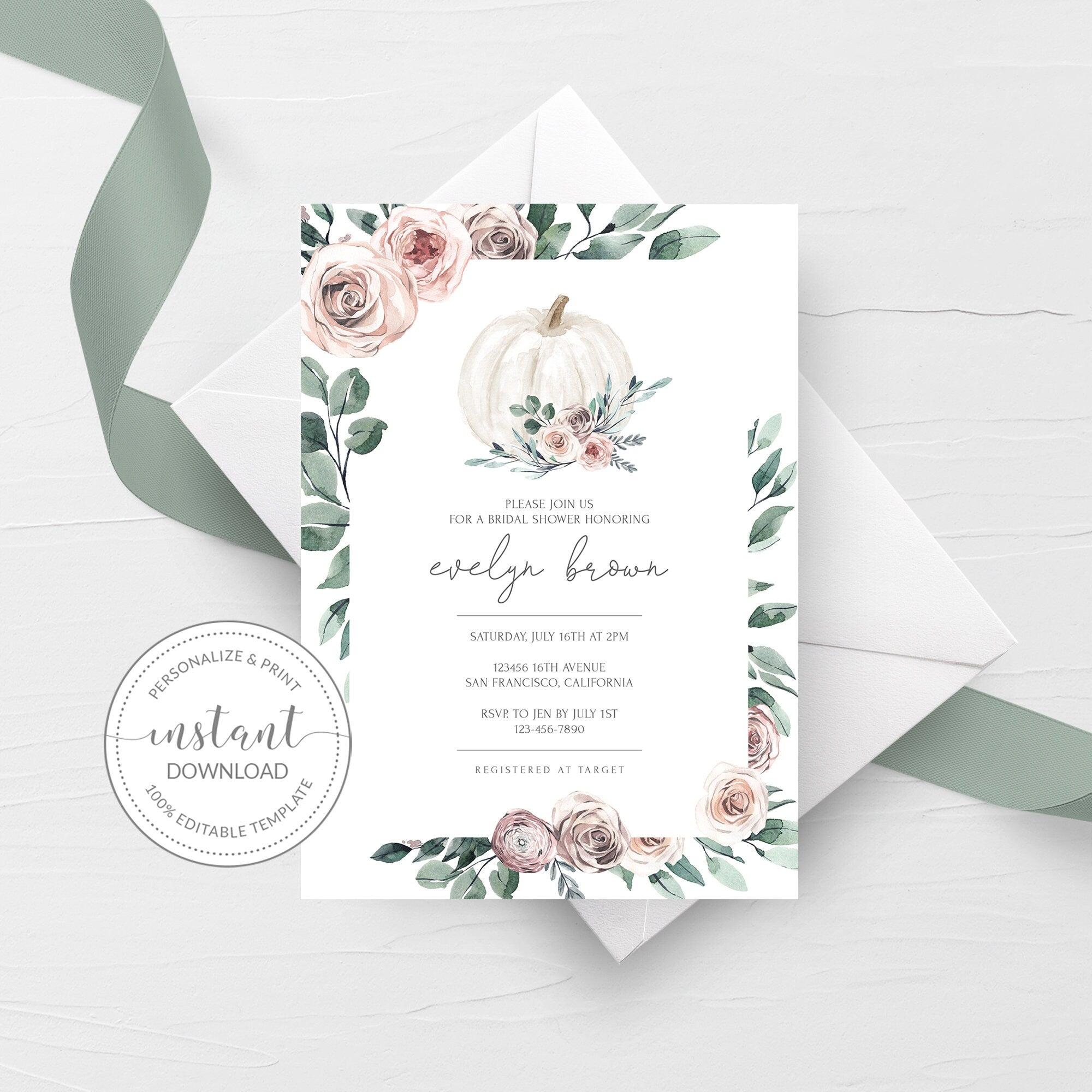 bridal shower invitations with succulents Boho Rose Fall Bridal Shower Invitation Template, Printable Floral Pum