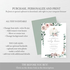 Fall Baby Shower Invitation Girl Printable, Boho Rose, Pumpkin Baby Shower Invitation, Baby Shower Invite Template, INSTANT DOWNLOAD BR100