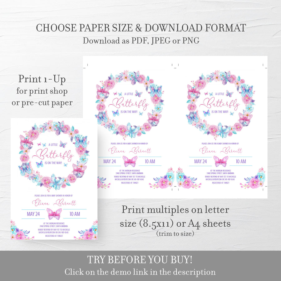 Butterfly Baby Shower Invitation Template, Printable Baby Girl Shower ...