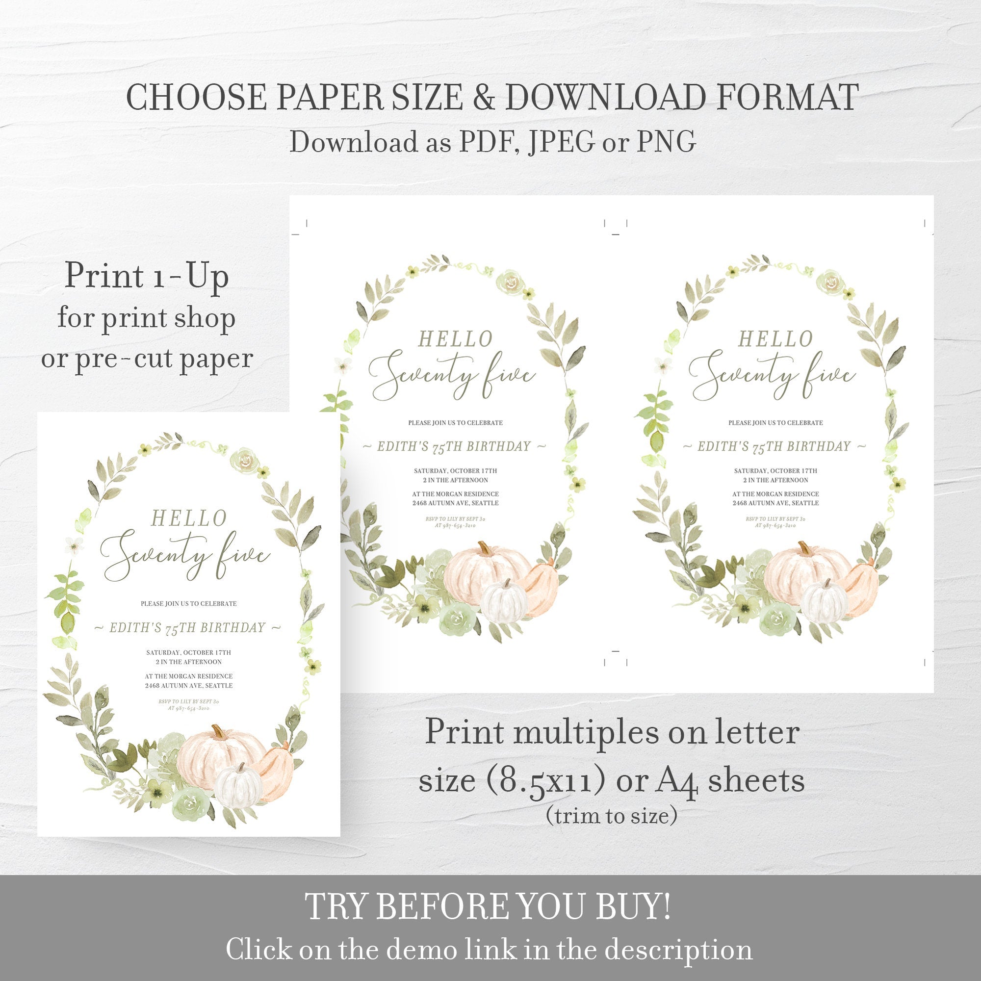 Fall Greenery 75th Birthday Invitation Template, Printable Party Invit - PlumPolkaDot fall-greenery-75th-birthday-invitation-template-printable-party-invit-plumpolkadot