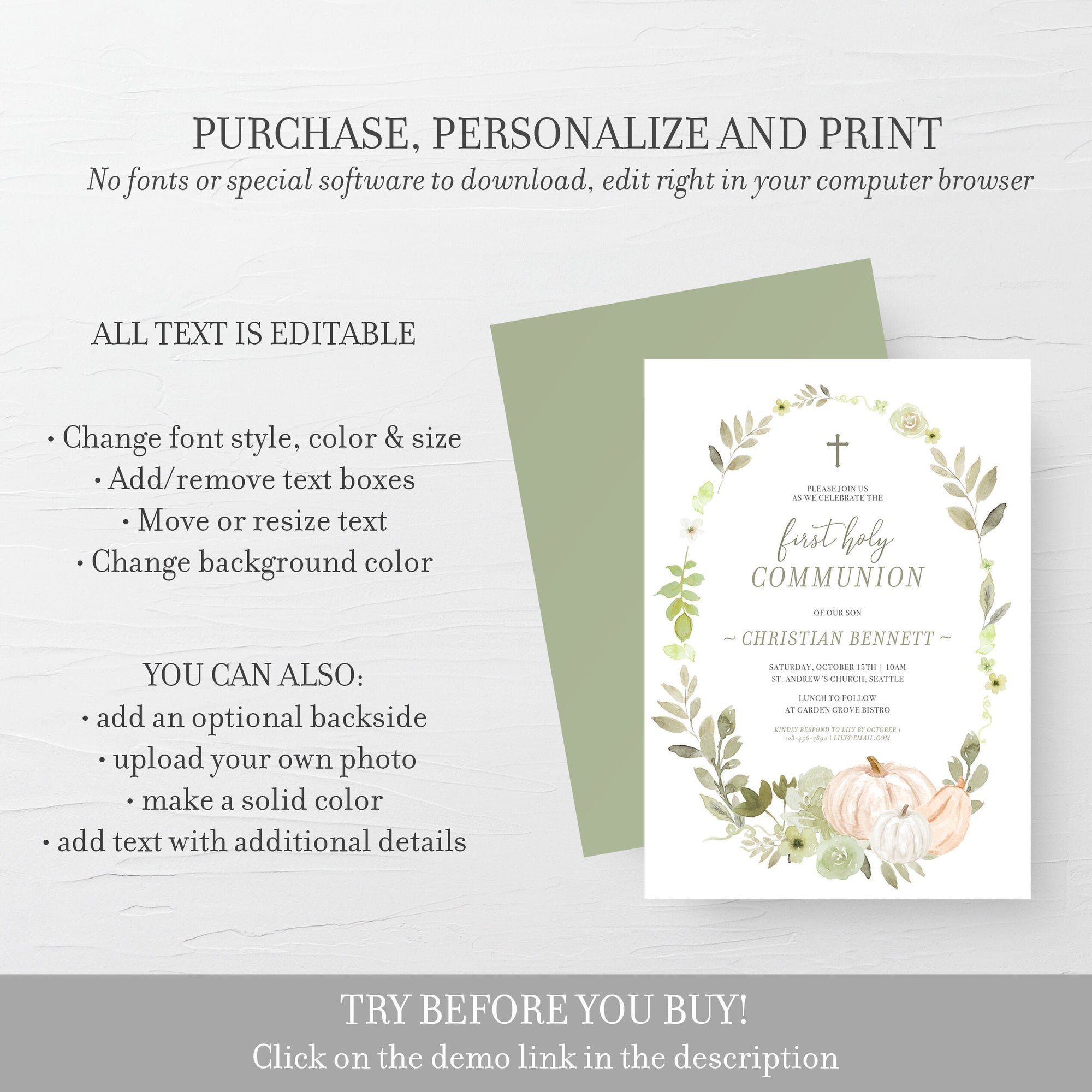 Holy Communion Invitation Template, Fall Communion Invite, Pumpkin Greenery First Communion Invitation Printable, 5x7 INSTANT DOWNLOAD PG100