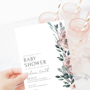 Baby Shower Invitation Girl Template, Boho Rose Baby Shower Invite, Pink Floral Baby Shower Invitation, Editable DOWNLOAD, 5x7 BR100