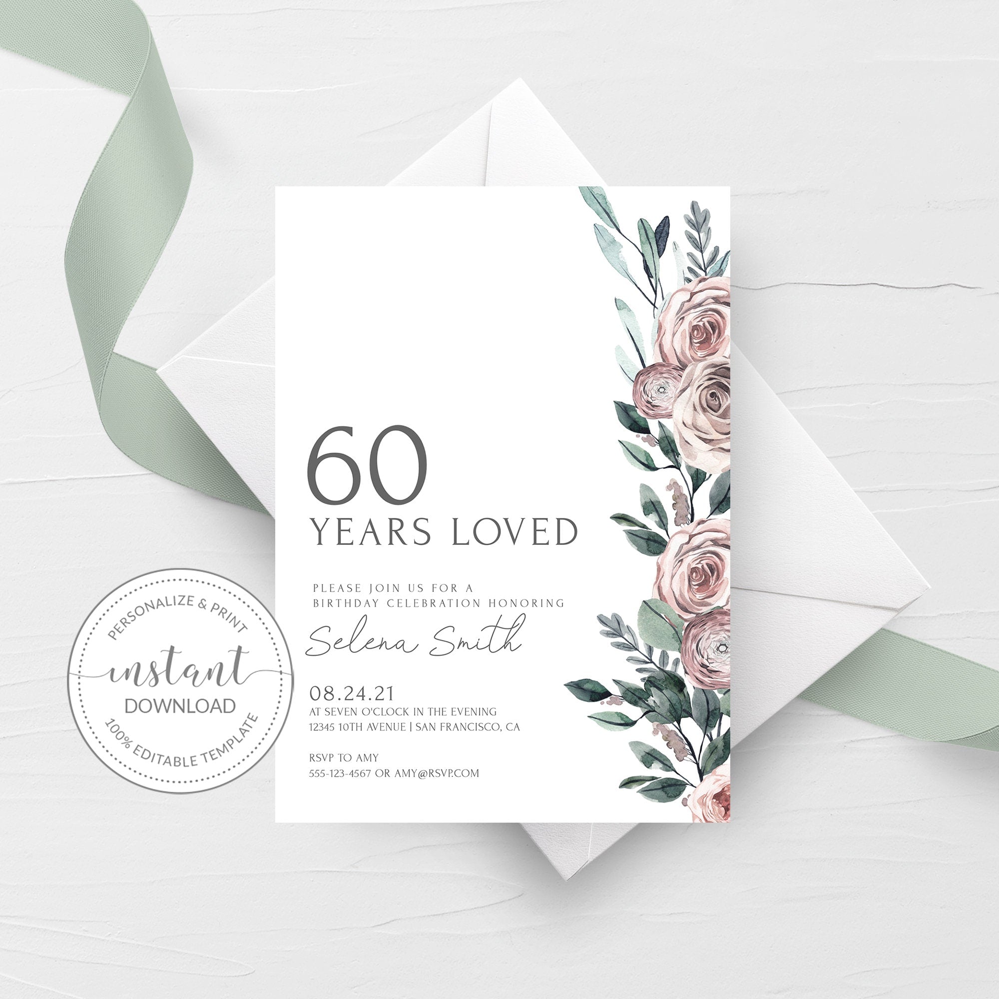 Boho Rose 60th Birthday Invitation Template, Printable 60 Years Loved - PlumPolkaDot for Free Printable 60th Wedding Anniversary Invitations