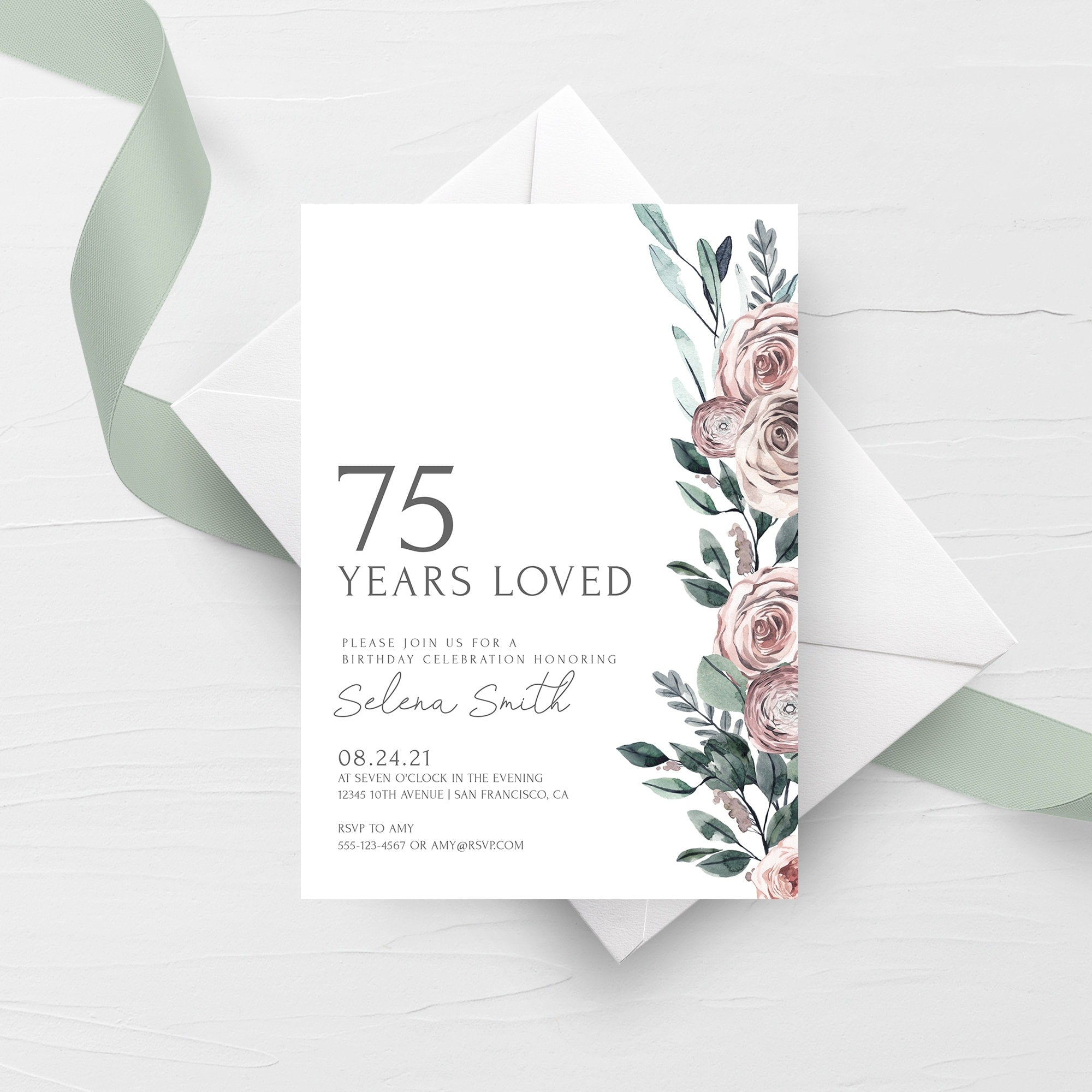 Boho 75th Birthday Invitation Template, Printable 75 Years Loved Party - PlumPolkaDot boho-75th-birthday-invitation-template-printable-75-years-loved-party-plumpolkadot