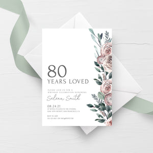 80th Birthday Invite Template, Boho Rose 80th Birthday Invitation For Women, 80 Years Loved Birthday Party Printable, INSTANT DOWNLOAD BR100