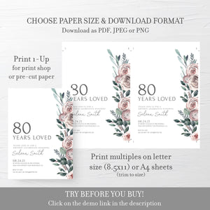 80th Birthday Invite Template, Boho Rose 80th Birthday Invitation For Women, 80 Years Loved Birthday Party Printable, INSTANT DOWNLOAD BR100