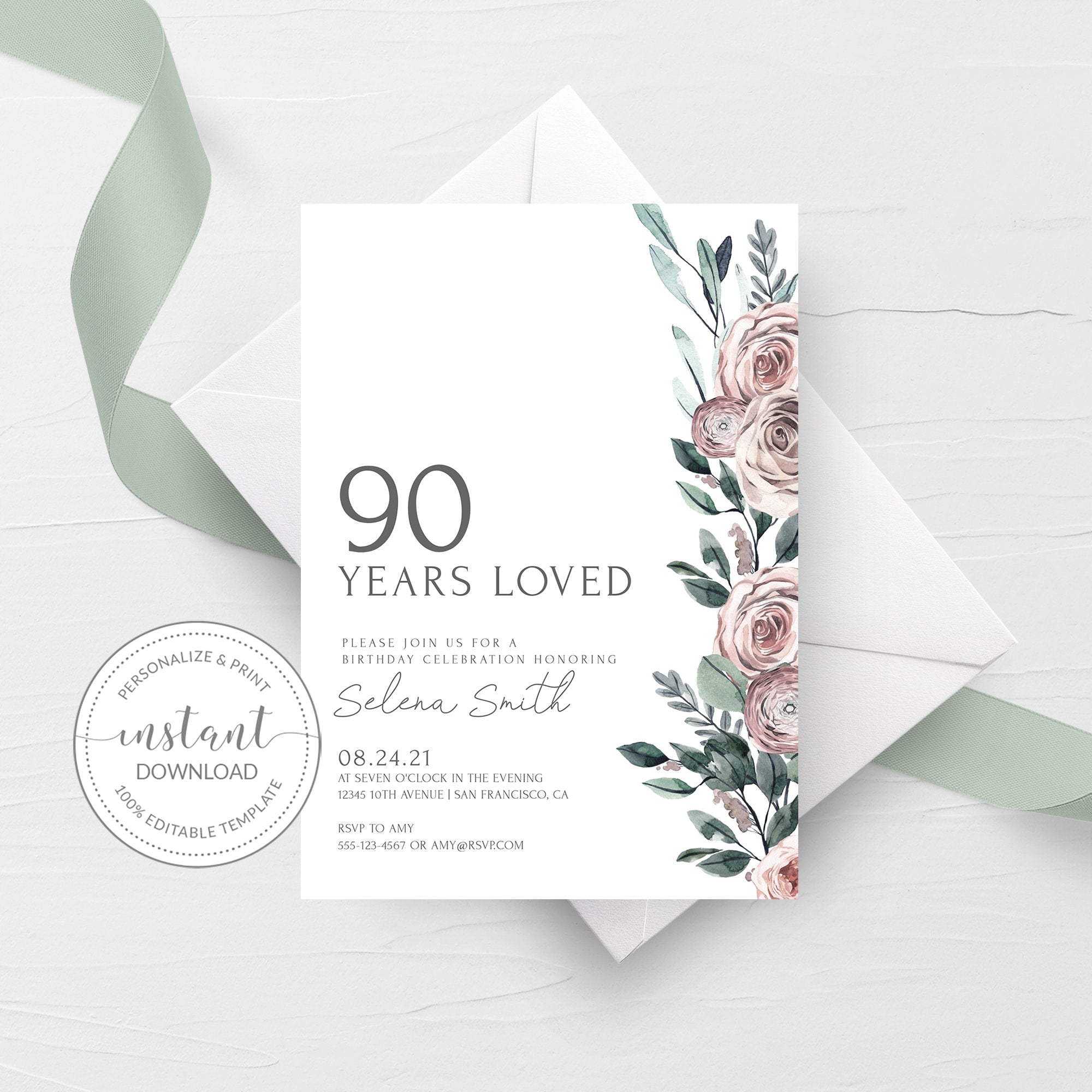 90th Birthday Invite Template, Boho Rose 90th Birthday Invitation For Women, 90 Years Loved Birthday Party Printable, INSTANT DOWNLOAD BR100