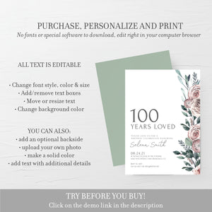 100th Birthday Invite Template, Rose 100th Birthday Invitation For Women, 100 Years Loved Birthday Party Printable, INSTANT DOWNLOAD BR100