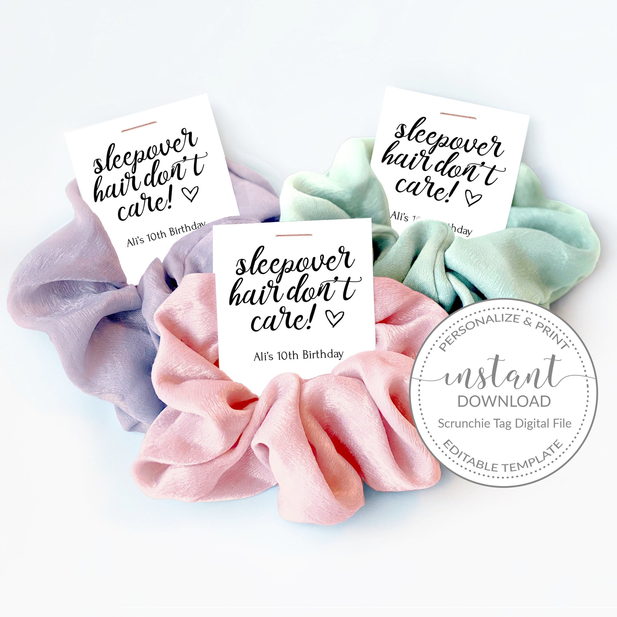 Printable Sleepover Favor Tag for Hair Scrunchies, Personalized Scrunchie Tag for Sleepover Party Favors Template, INSTANT DOWNLOAD