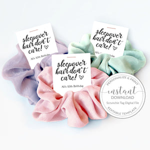 Printable Sleepover Favor Tag for Hair Scrunchies, Personalized Scrunchie Tag for Sleepover Party Favors Template, INSTANT DOWNLOAD