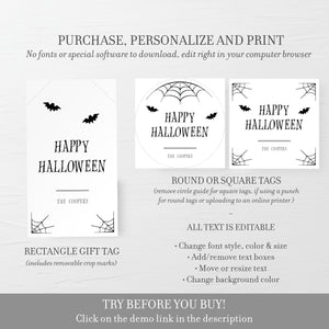 Halloween Gift Tags Printable, Halloween Favor Tag Template, Happy Halloween Tags, Halloween Label, Editable INSTANT DOWNLOAD EDS100