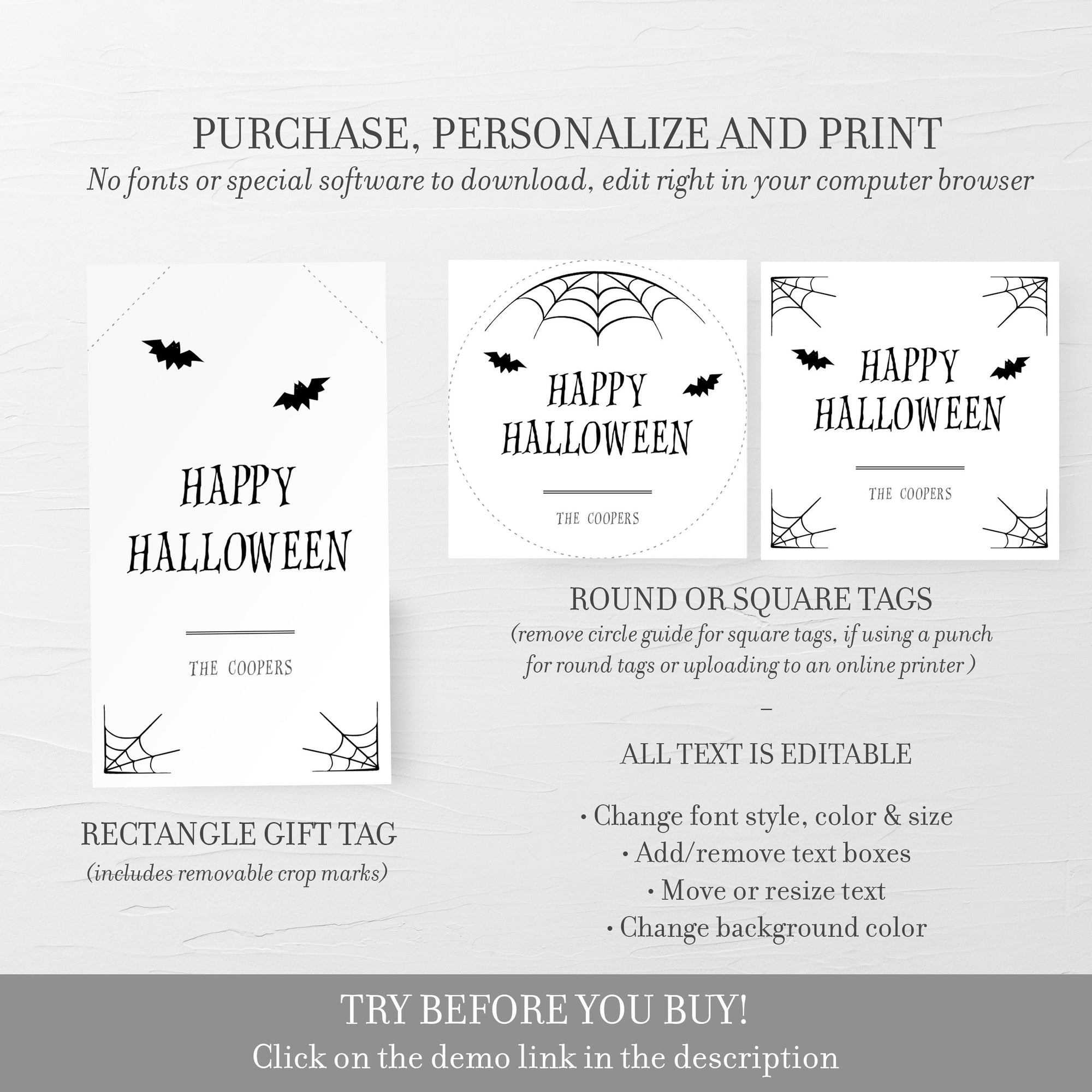 Printable Halloween Favor Tag Template, Halloween Gift Tag, Happy Halloween Treat Tags, Halloween Label, Editable INSTANT DOWNLOAD EDS100