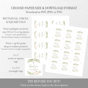 Printable Fall Christening Favor Tags Girl or Boy, Greenery Pumpkin Christening Favor Tags Template, Thank You Tags, INSTANT DOWNLOAD PG100