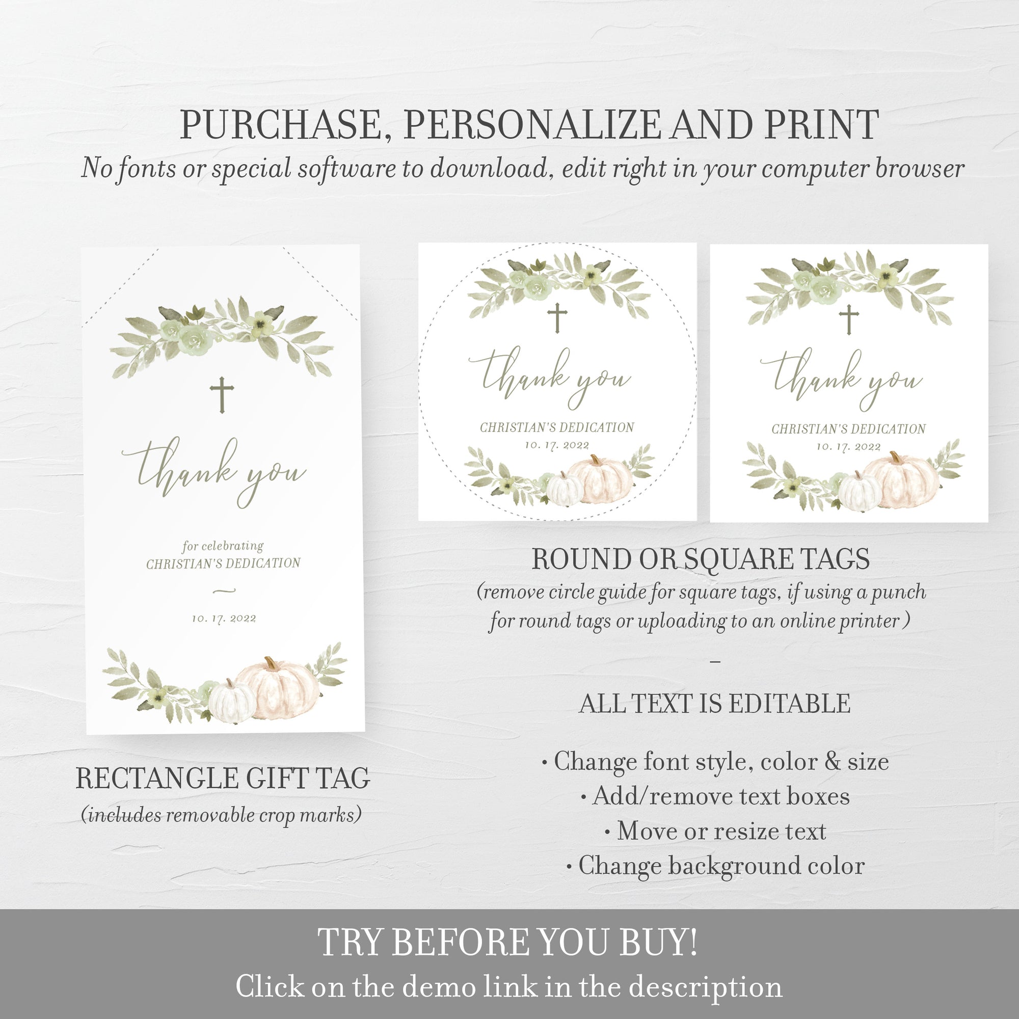 Printable Fall Dedication Favor Tags Girl or Boy, Greenery Pumpkin Baby Dedication Favor Tag Template, Thank You Tag, INSTANT DOWNLOAD PG100