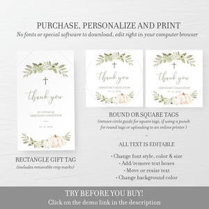 Printable Fall Dedication Favor Tags Girl or Boy, Greenery Pumpkin Baby Dedication Favor Tag Template, Thank You Tag, INSTANT DOWNLOAD PG100