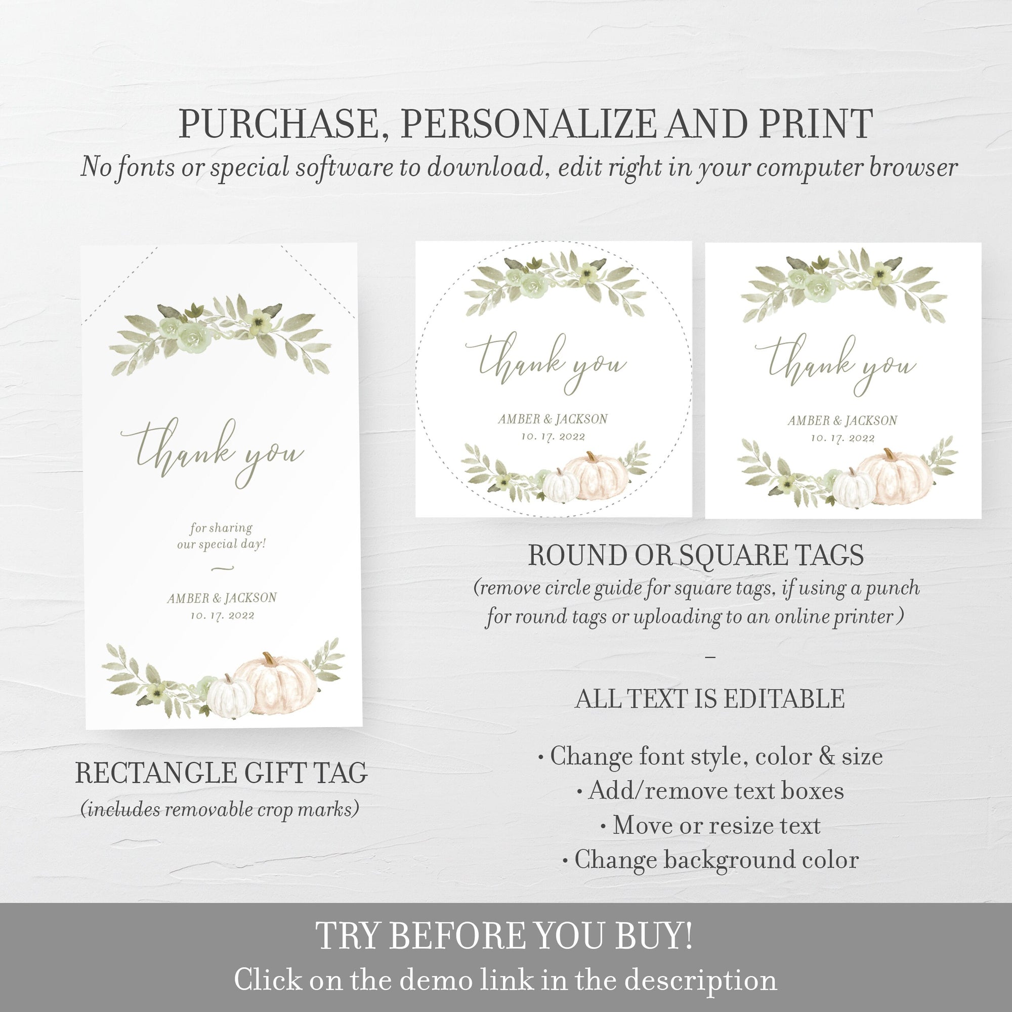 Printable Fall Wedding Favor Tags, Greenery Pumpkin Wedding Thank You Tag Template, Fall in Love Guest Gifts Tag, INSTANT DOWNLOAD PG100