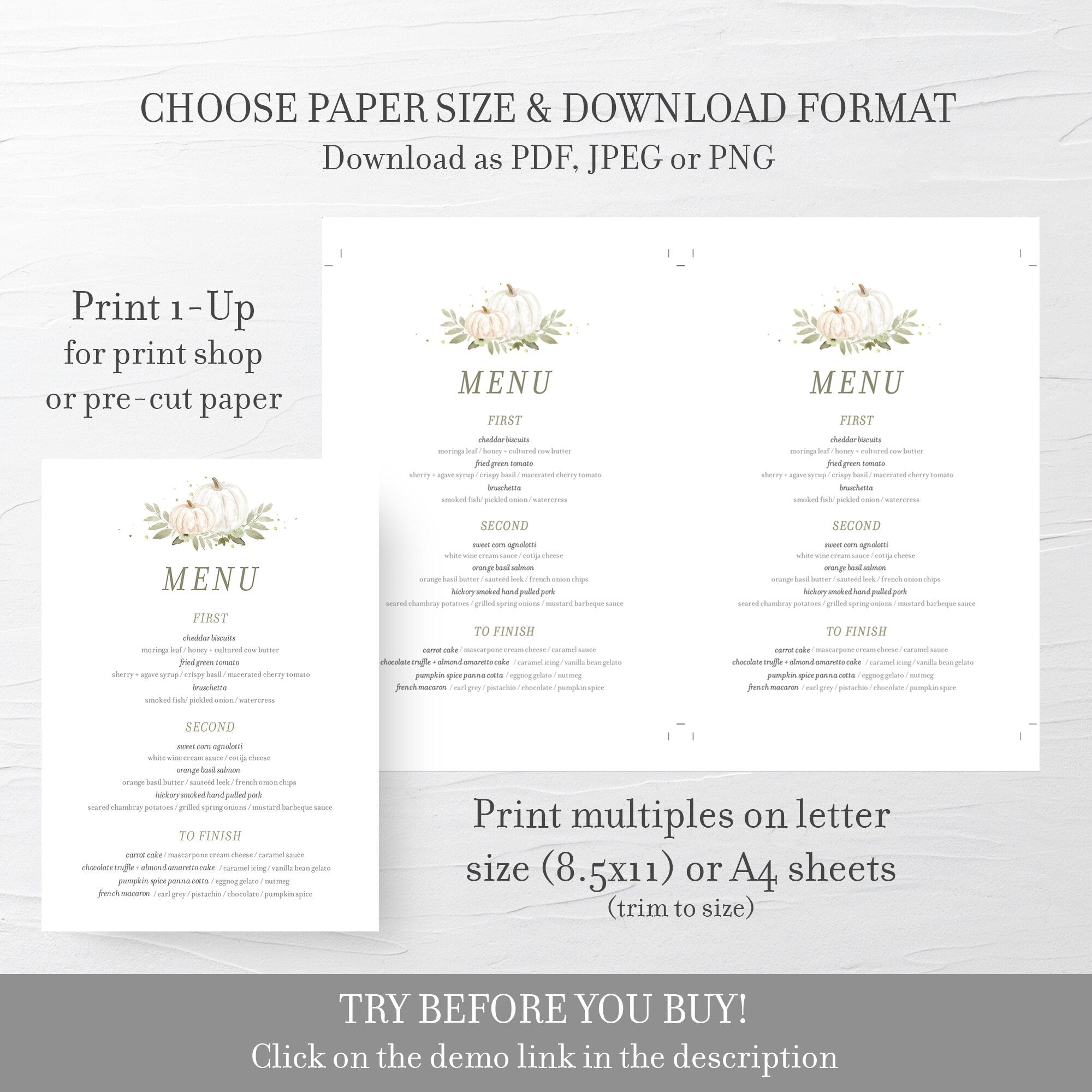 Fall Menu Template, Fall Wedding Menu Template, Wedding Menu Card, Editable Download, Editable Menu Cards, Printable Menu, 4x9 & 5x7 - PG100