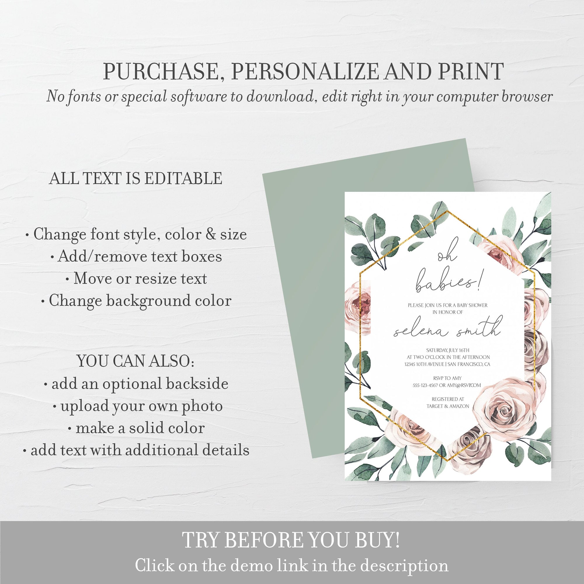 Twin Baby Shower Invitation Girl Instant Download, Printable Twin Girls Baby Shower Invite, Boho Rose Baby Shower Template, DIGITAL - BR100