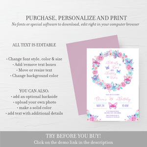 Butterfly Birthday Invitation Template, Butterfly Invitation Printable, Butterfly Invite Birthday Party, Editable INSTANT DOWNLOAD - B200
