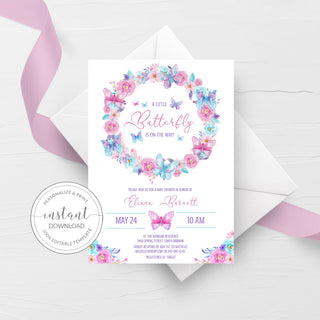 Butterfly Baby Shower Invitation Template, Girl Baby Shower Invitation Printable, Butterfly Shower Invite, Editable INSTANT DOWNLOAD - B200