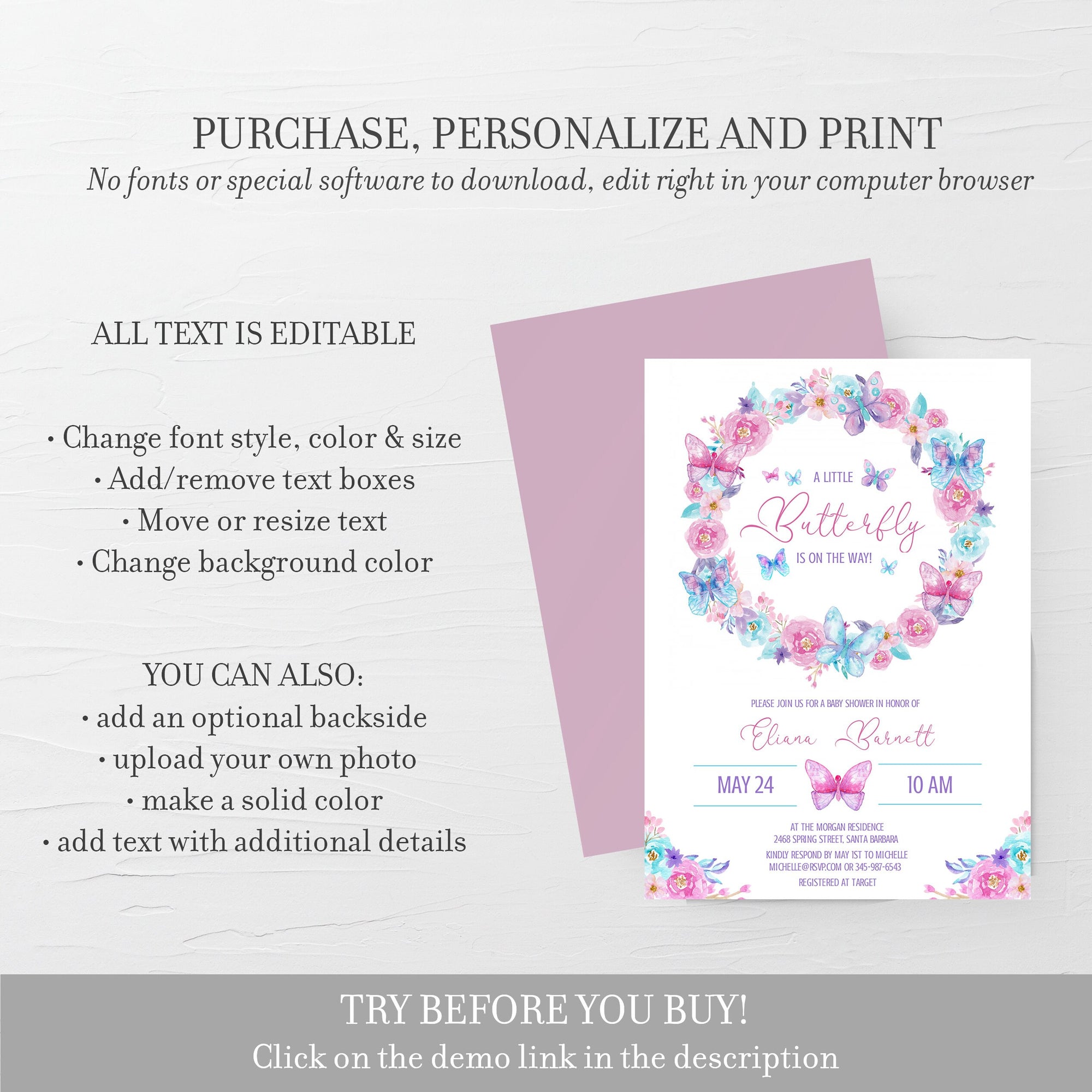Butterfly Baby Shower Invitation Template, Girl Baby Shower Invitation Printable, Butterfly Shower Invite, Editable INSTANT DOWNLOAD - B200