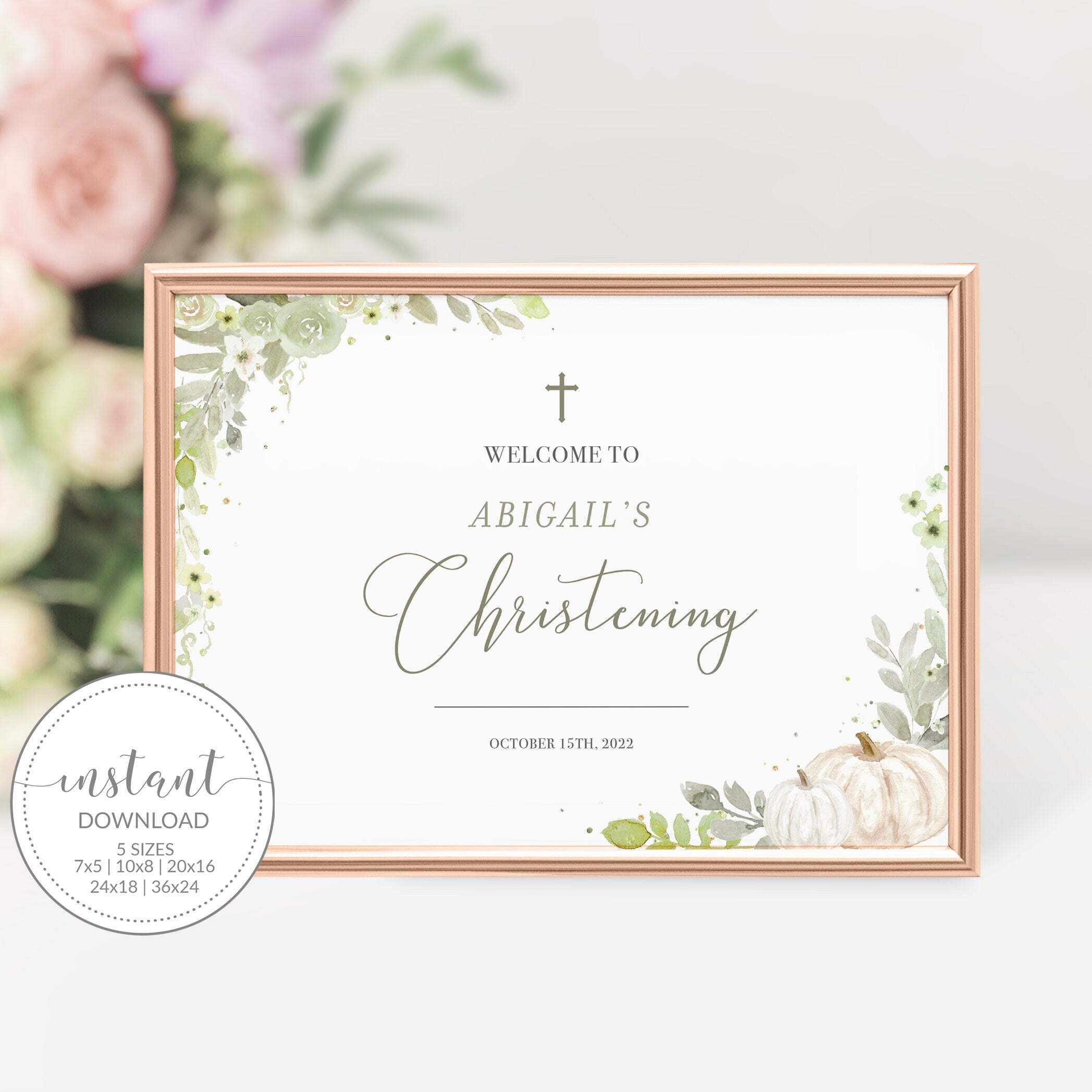 Fall Christening Welcome Sign Template, Greenery Fall Baby Christening Decorations, Christening Sign Printable, DIGITAL DOWNLOAD - PG100