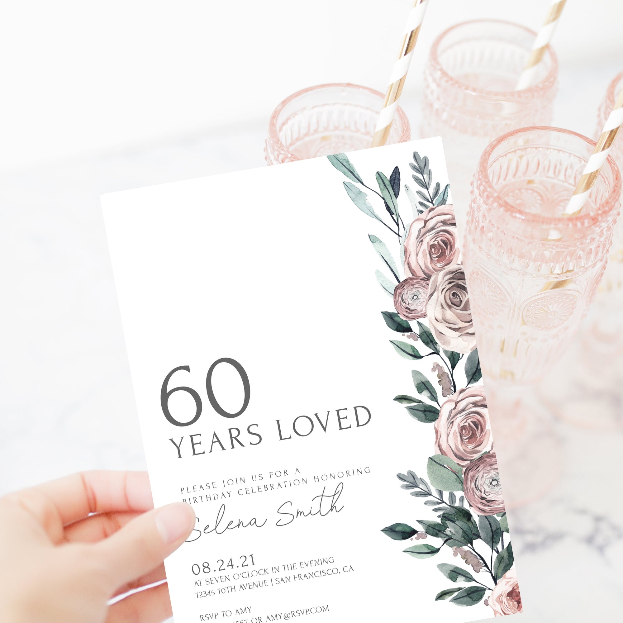 60th Birthday Invite Template, Boho Rose 60th Birthday Invitation For Women, 60 Years Loved Birthday Party Printable, INSTANT DOWNLOAD BR100