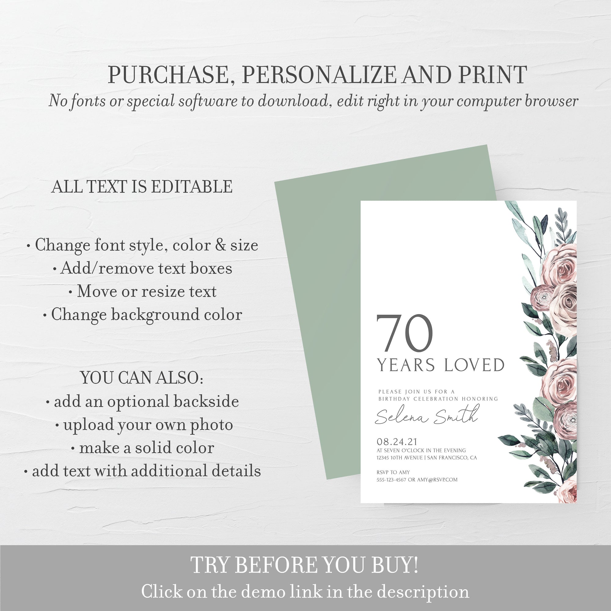 Boho Rose 70th Birthday Invitation Template, Printable 70 Years Loved - PlumPolkaDot boho-rose-70th-birthday-invitation-template-printable-70-years-loved-plumpolkadot