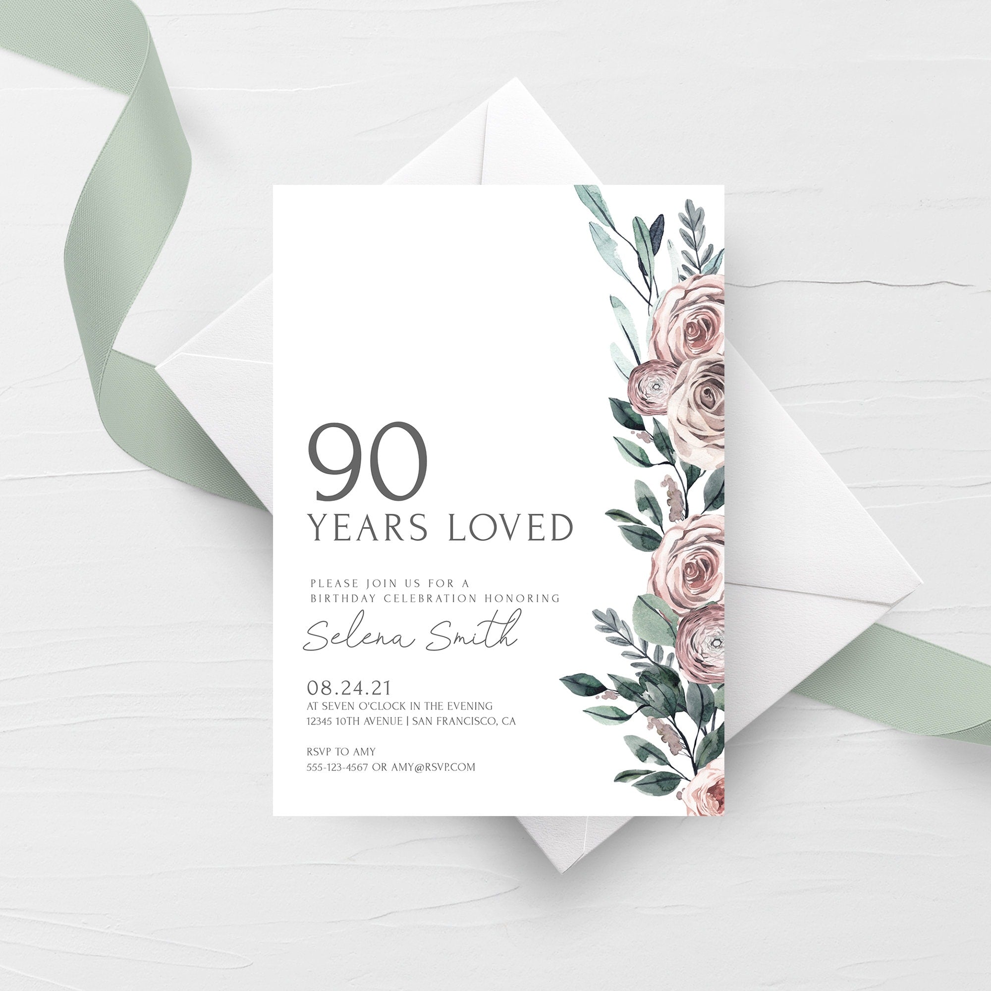 Boho Rose 90th Birthday Invitation Template, Printable 90 Years Loved - PlumPolkaDot boho-rose-90th-birthday-invitation-template-printable-90-years-loved-plumpolkadot