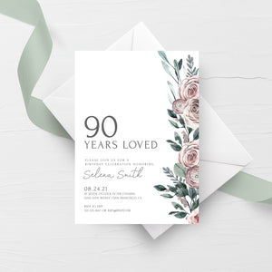 90th Birthday Invite Template, Boho Rose 90th Birthday Invitation For Women, 90 Years Loved Birthday Party Printable, INSTANT DOWNLOAD BR100
