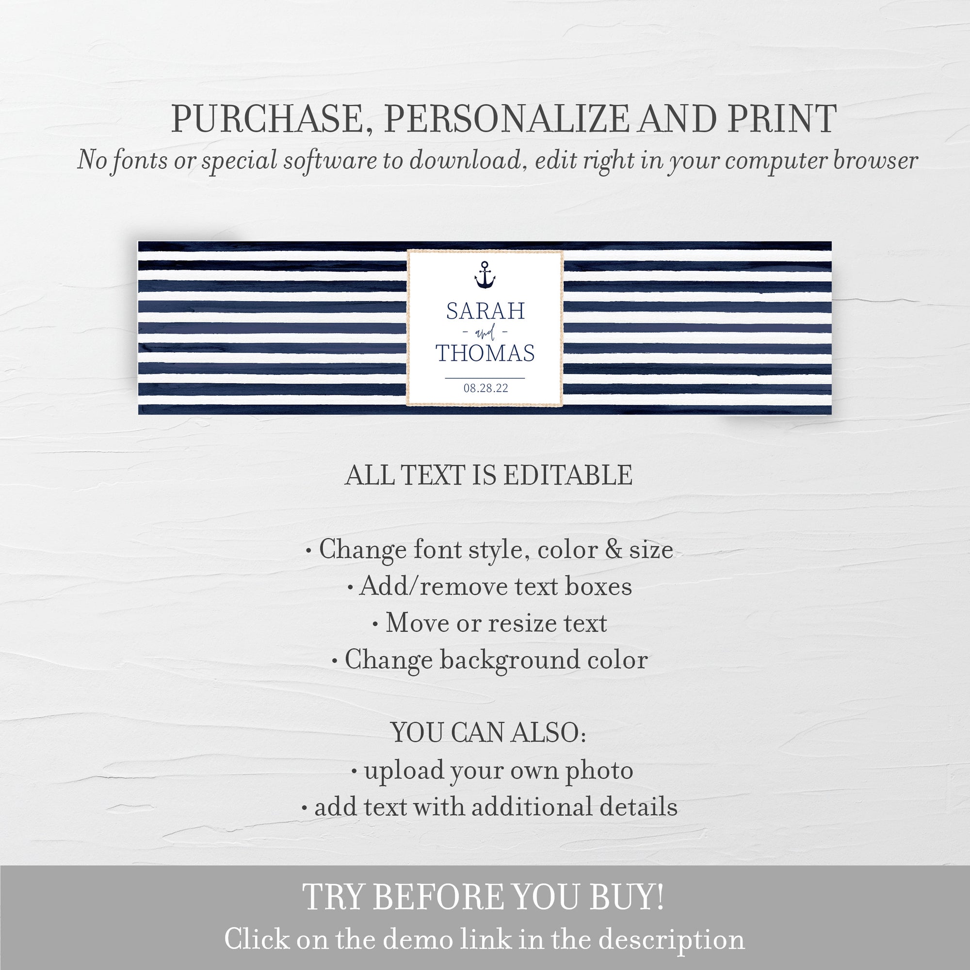 Nautical Water Bottle Labels Template, Printable Nautical Wedding Bottle Wrapper, Nautical Drink Label, INSTANT DOWNLOAD MB400