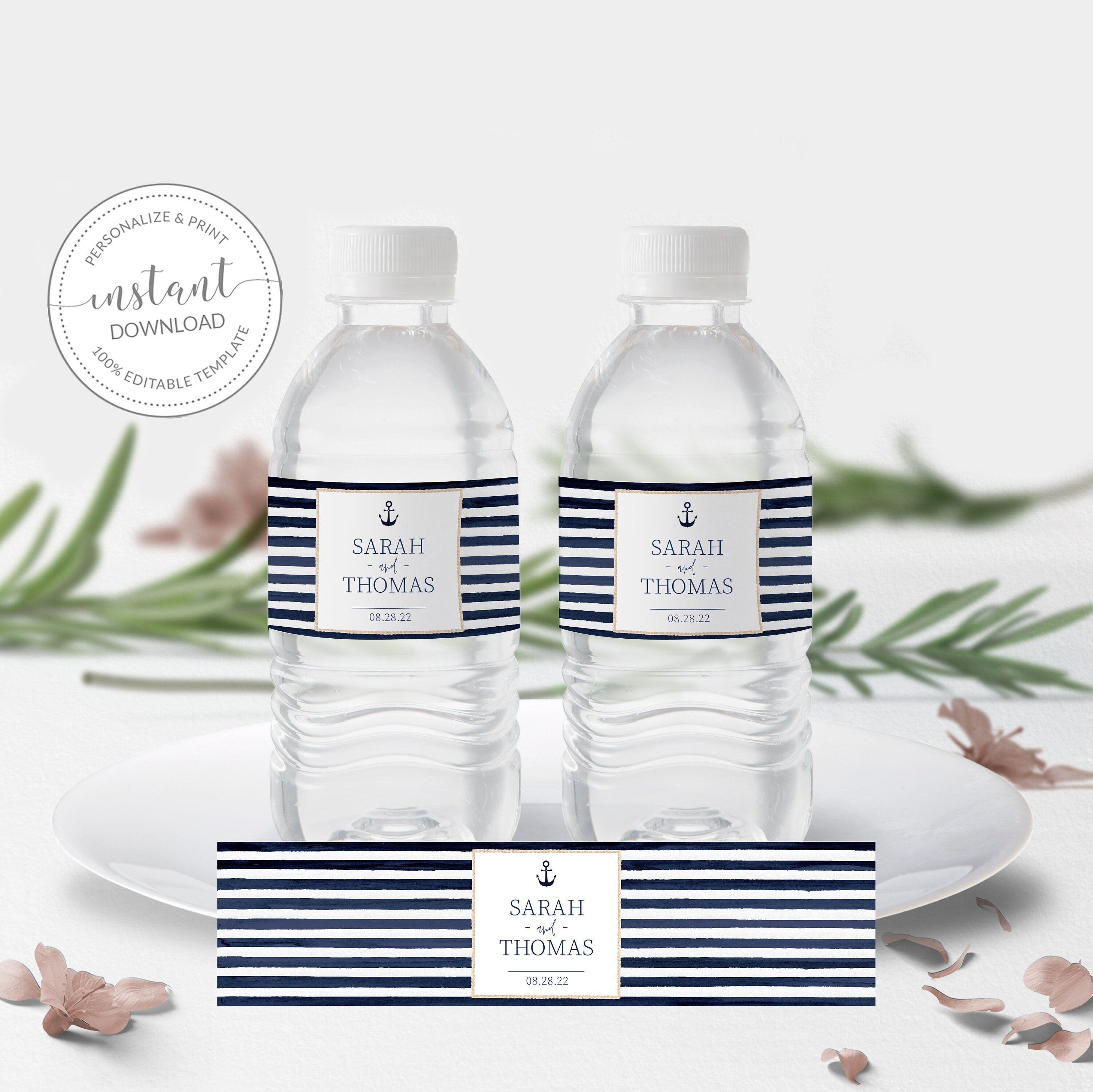 Nautical Water Bottle Labels Template, Printable Nautical Wedding Bottle Wrapper, Nautical Drink Label, INSTANT DOWNLOAD MB400