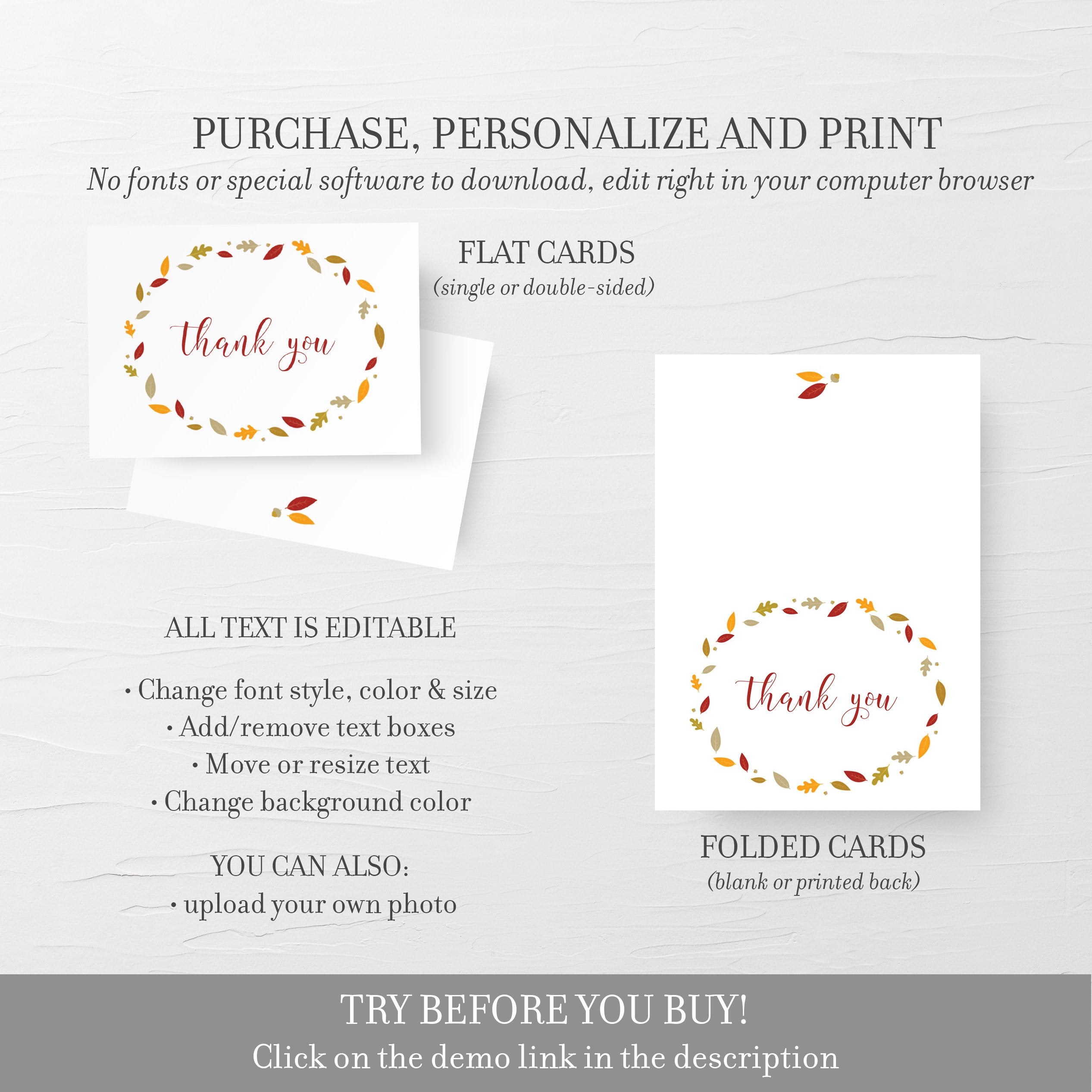 Fall Thank You Card Printable, Thanksgiving Thank You Card Template, Thanksgiving NoteCard, Fall Stationery, Editable INSTANT DOWNLOAD FL100