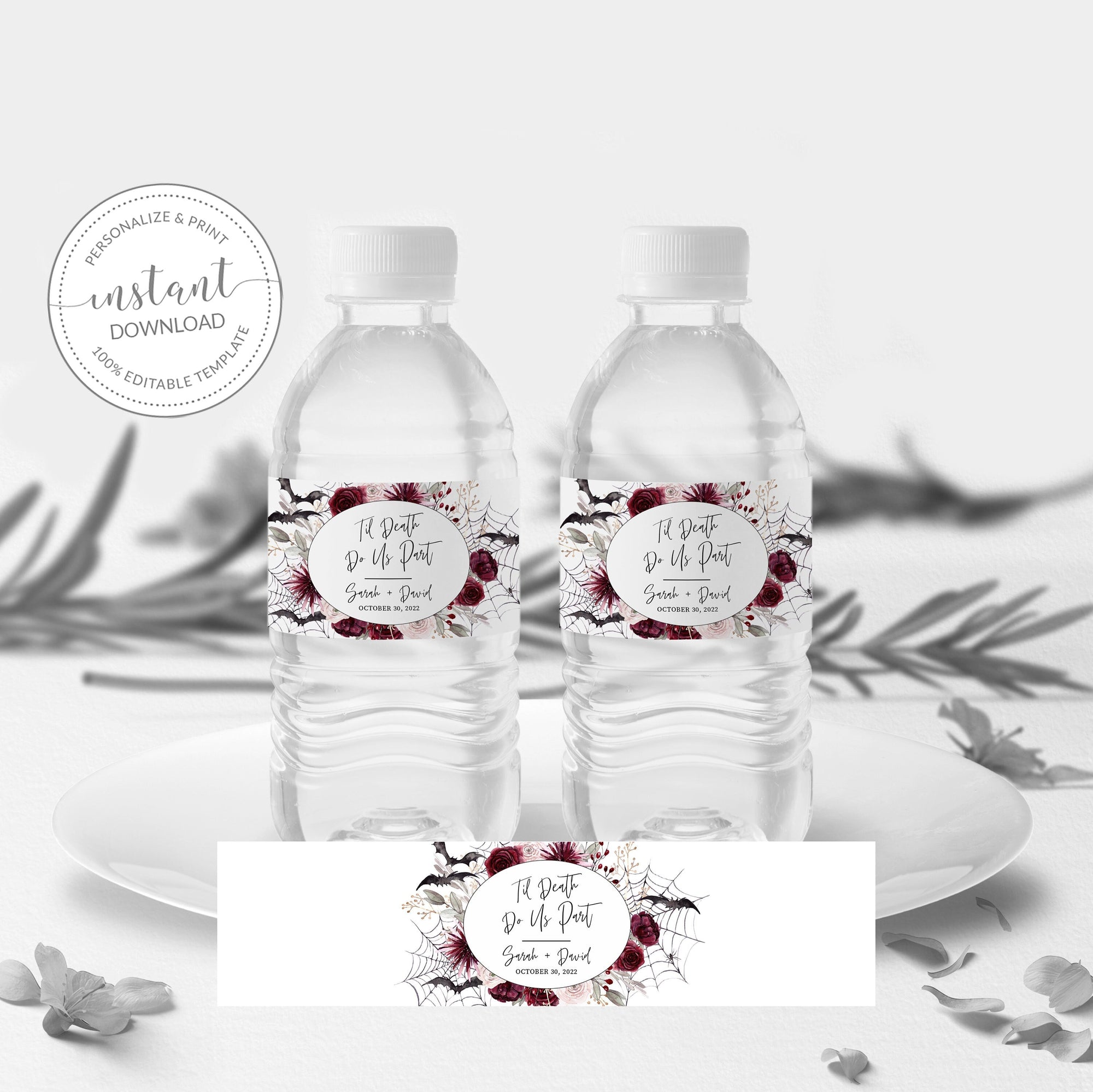 Halloween Wedding Water Bottle Labels Template, Printable Gothic Wedding Bottle Wrapper, Personalized Drink Label, INSTANT DOWNLOAD H100