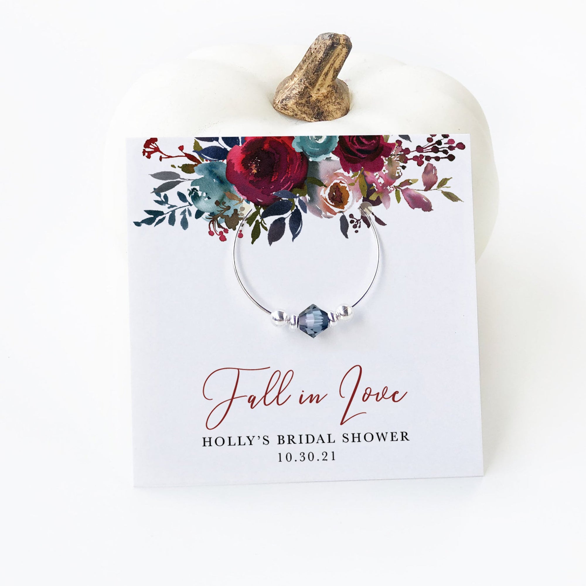 Fall Bridal Shower Favors, Wine Charm Favors, Fall In Love Wedding Shower, Burgundy and Navy Bridal Shower Guest Gifts - BB100