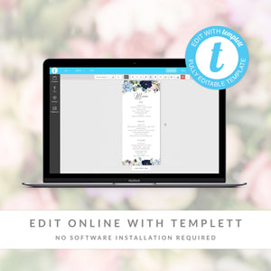 Menu Template Download, Navy and Blush Floral Wedding Menu Card, Wedding Menu Editable Download, Printable Menu 4x9 & 5x7 - MB100